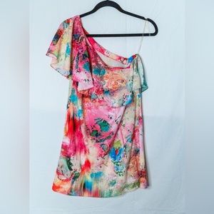 Multi-color one shoulder draped short dress